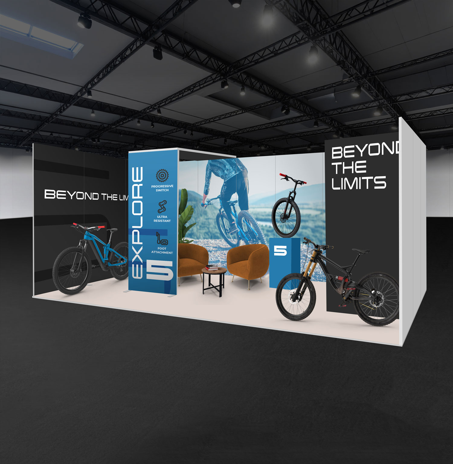 Stand modulaire fermé sur trois côtés avec visuels textiles grand format personnalisés