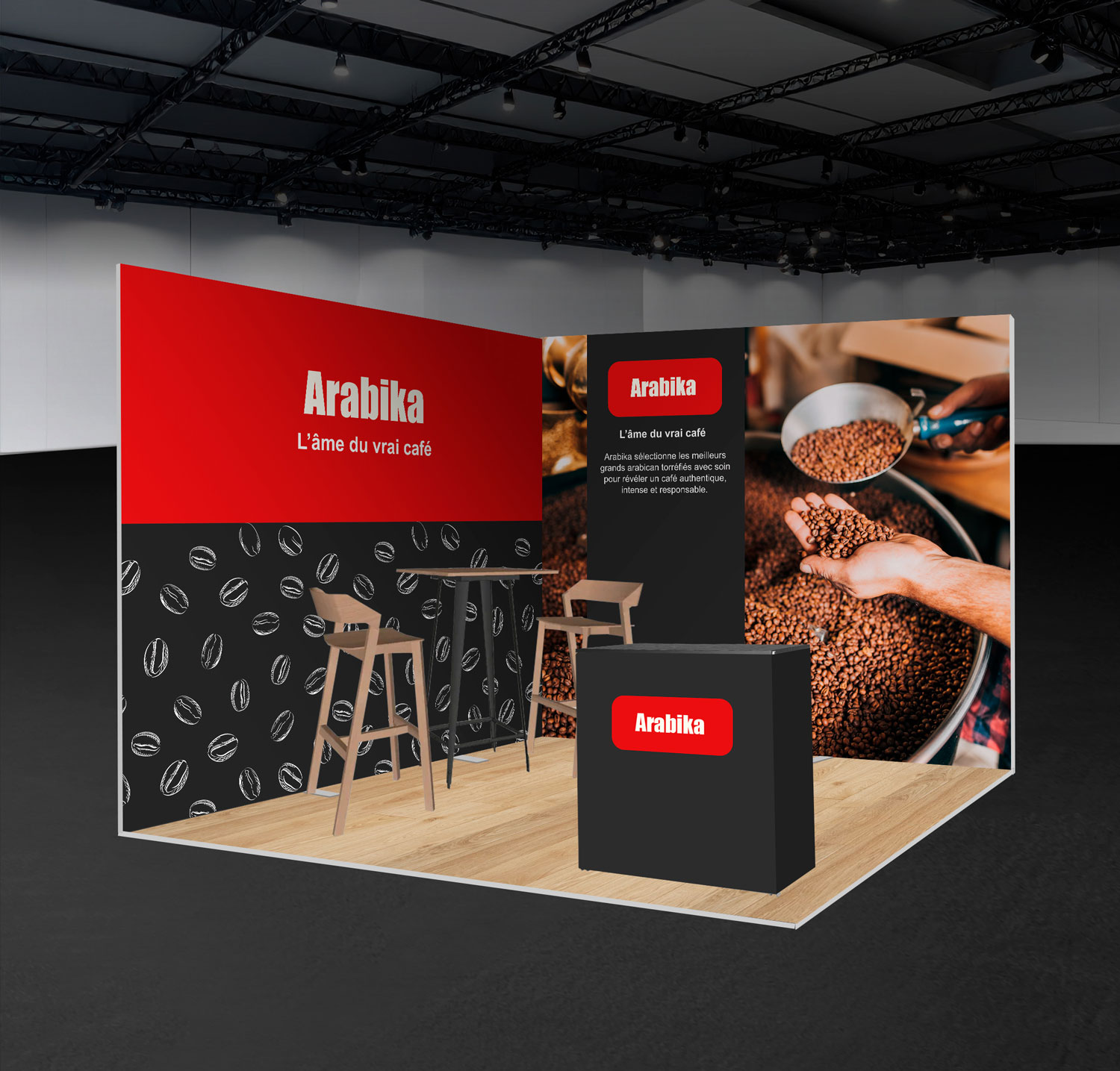Stand modulaire en angle avec comptoir et mange-debout