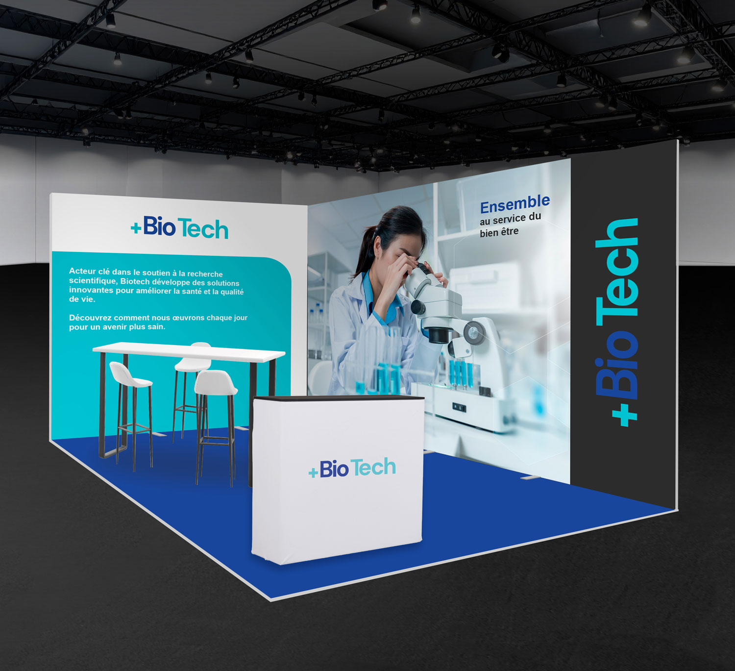 Stand modulaire en angle avec totem et comptoir