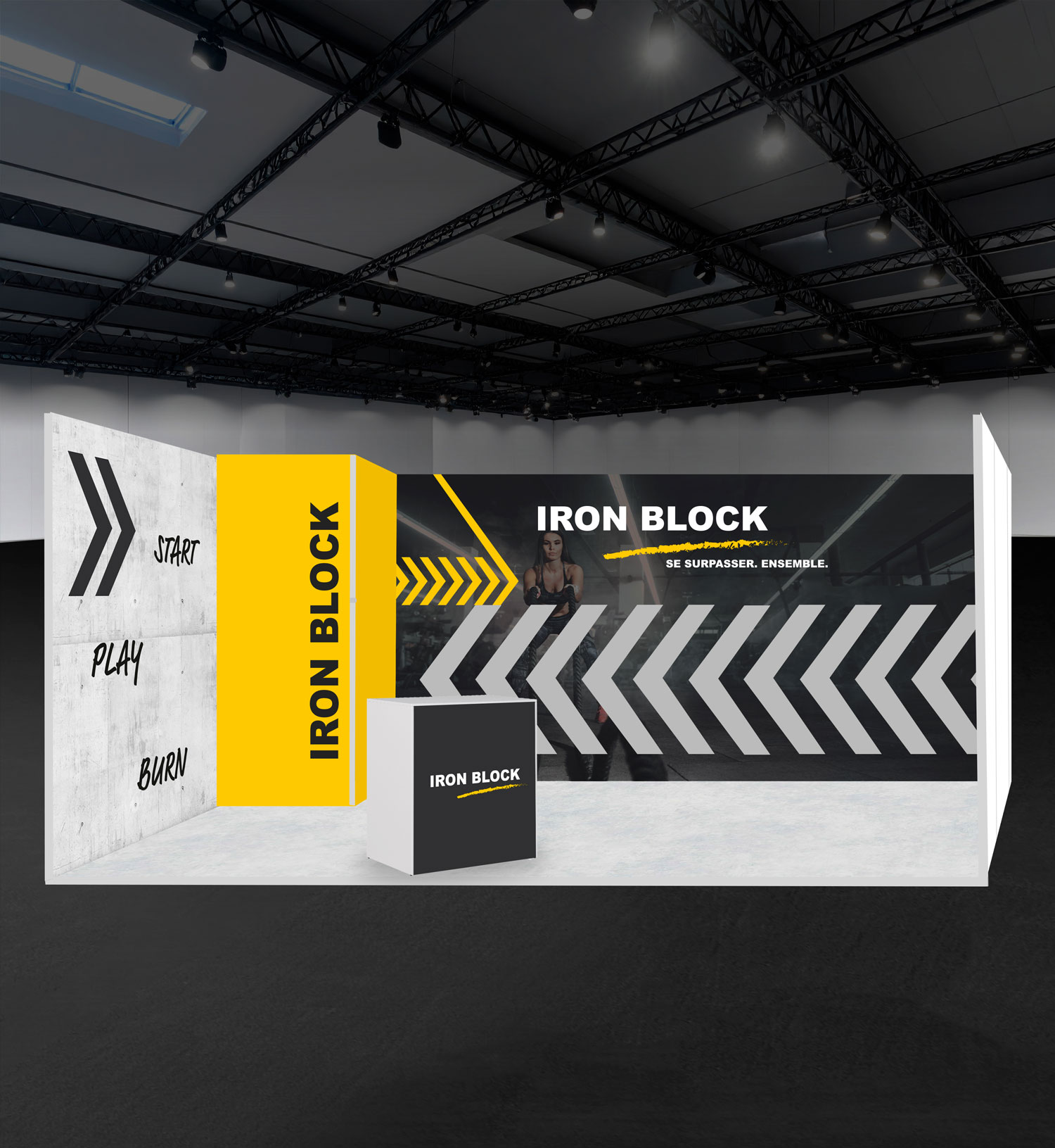 Stand modulaire en fond de cloison avec retours et comptoir