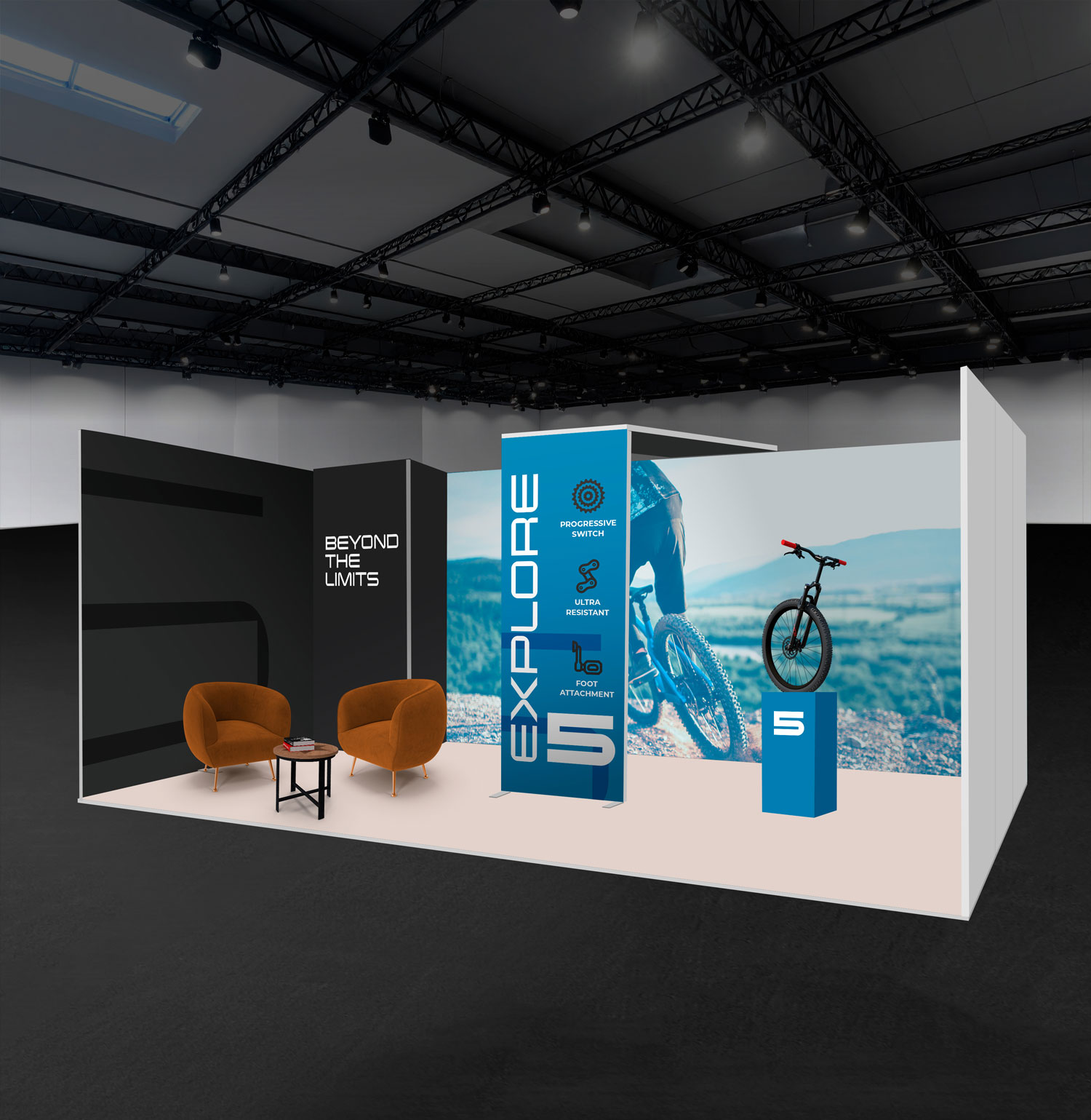 Le même stand modulaire réagencé avec un espace salon, seconde configuration